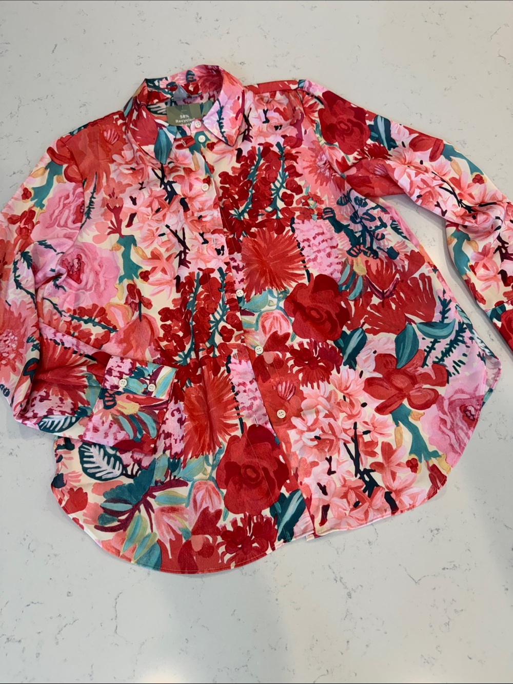 H&M Vibrant Floral Button-Down Shirt — Pink & Red with Teal Accents